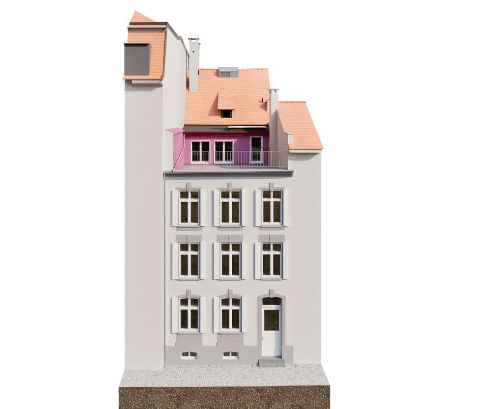 3D-Architekturvisualisierung einer mehrstöckigen Hausfassade mit Satteldach, Balkon im Dachgeschoss, großen Fenstern und Eingangstür, freigestellt auf weißem Hintergrund.