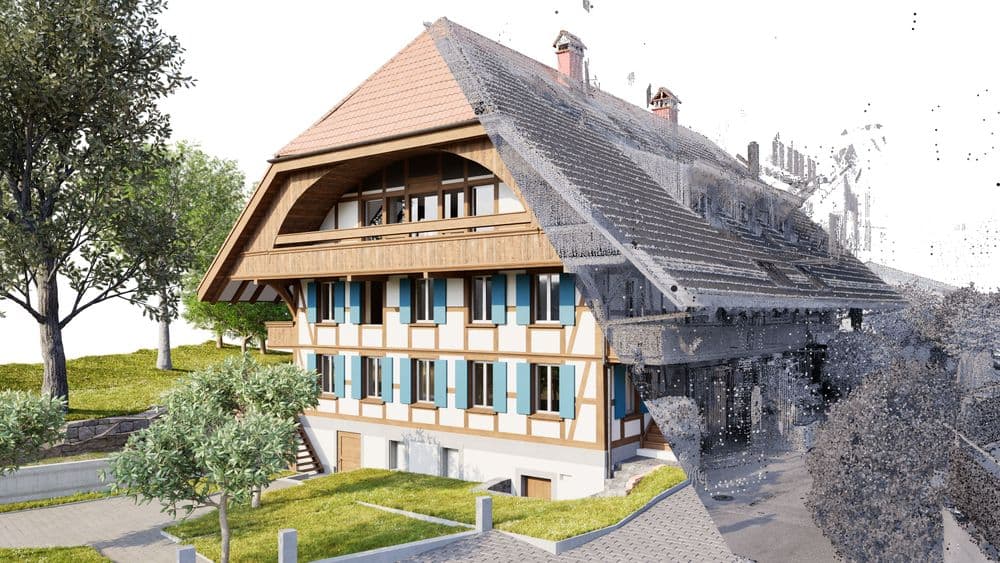 3D-Visualisierung eines modernen Holz-Chalets mit Satteldach und großen Fenstern; rechte Hälfte löst sich in Partikel auf, links sichtbar im Grünen mit Bäumen und Garten – Architektur-Rendering, Konzept für Bau/ Sanierung.