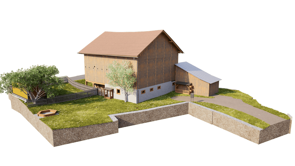 3D-Rendering eines ländlichen Hofes mit großer Scheune, Nebengebäude, Wiese, Bäumen und Zufahrtsweg, umgeben von Natursteinmauern.