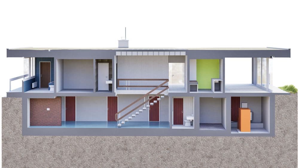 3D-Schnittansicht eines modernen Einfamilienhauses: Innenräume mit Treppe, Türen, Fenstern, Badezimmer und Technikraum, Querschnitt durch Erdreich und Fundament.