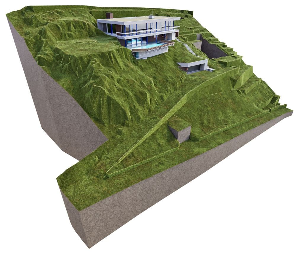 3D-Rendering eines modernen Hauses am Hang mit Terrassen und Stützmauern, eingebettet in eine grüne Geländemodellierung; Architekturdarstellung mit Grundstücks- und Topografieansicht.