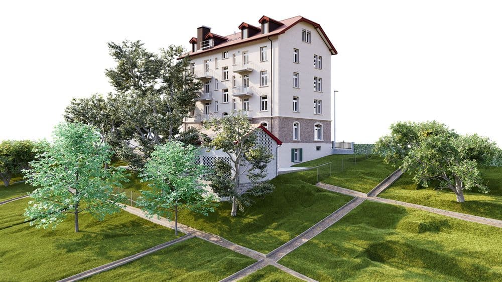 3D-Visualisierung eines mehrstöckigen Wohnhauses mit Balkonen und rotem Dach, umgeben von grüner Parkanlage mit Bäumen und Gehwegen, helle Außenansicht aus leicht erhöhter Perspektive.