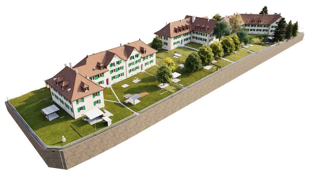 3D-Architekturvisualisierung einer Wohnanlage: mehrere Mehrfamilienhäuser mit roten Dächern, grünen Fensterläden, Grünflächen, Wegen, Pergolen und Bäumen auf langem Grundstück vor weißem Hintergrund.