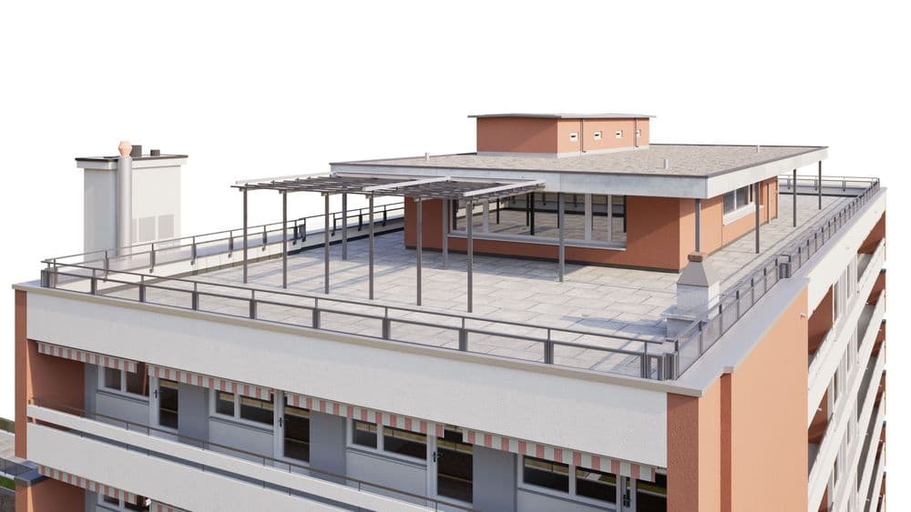 3D-Rendering eines Flachdach-Gebäudes mit großer Dachterrasse, Geländern, Überdachungskonstruktion, Technikaufbauten und Fensterfassade – moderne Architekturansicht von oben.