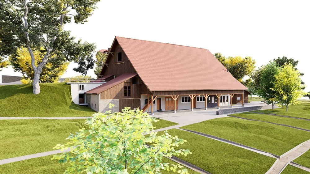 3D-Visualisierung einer modernen Scheune mit rotem Satteldach, Holzfassade und Arkaden, umgeben von grünen Wiesen, Bäumen und Wegen in ländlicher Umgebung.