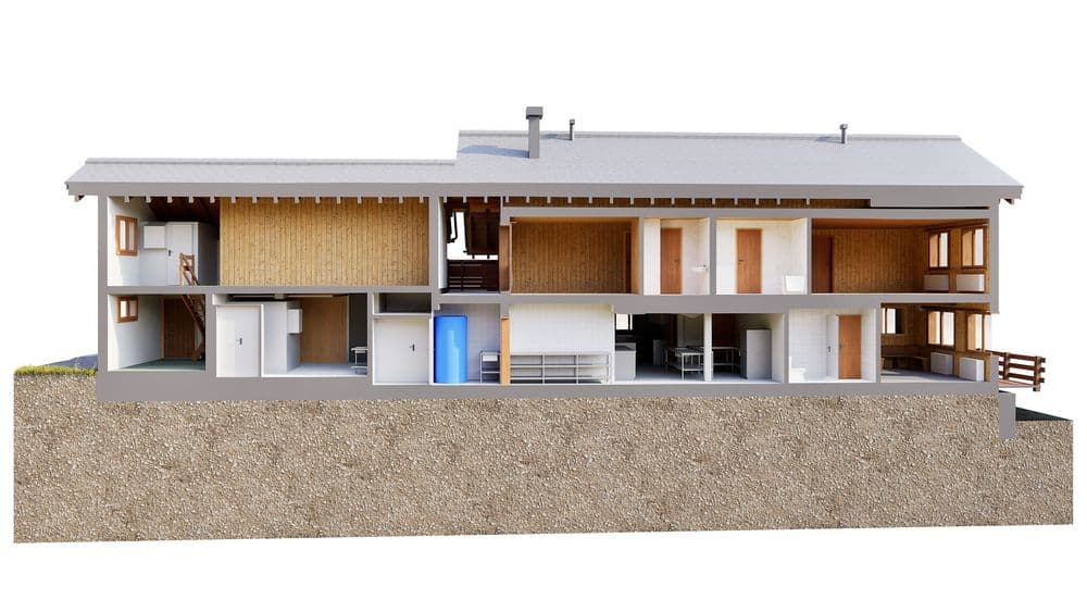 3D-Schnittansicht eines modernen Einfamilienhauses am Hang mit Flachdach, Holzfassade und sichtbaren Innenräumen, Technikraum und Garage; Architektur-Visualisierung im Querschnitt.