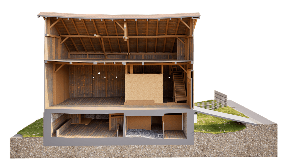 3D-Schnittansicht eines Holzhauses mit Satteldach: Innenräume, Deckenbalken, Treppe und Kelleretage sichtbar; Architektur-Visualisierung mit Erdreich, Fundament und Zufahrt.