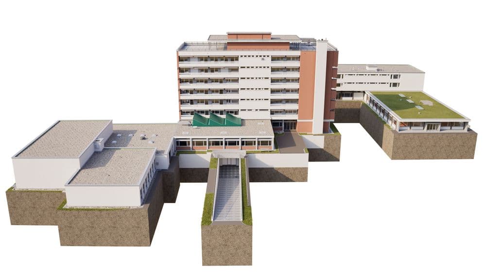 3D-Architekturvisualisierung eines modernen Gebäudekomplexes mit mehrstöckigem Hauptgebäude, Flachdächern und Verbindungstrakten auf weißem Hintergrund, inklusive Rampe und Grünflächen.