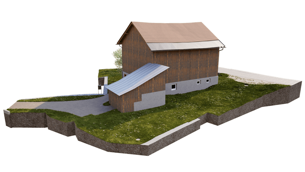 3D-Rendering eines Holzstalls mit grauem Blechdach auf grasbewachsenem Grundstück, mit Zufahrt und Betonfundament, freigestellt vor neutralem Hintergrund.