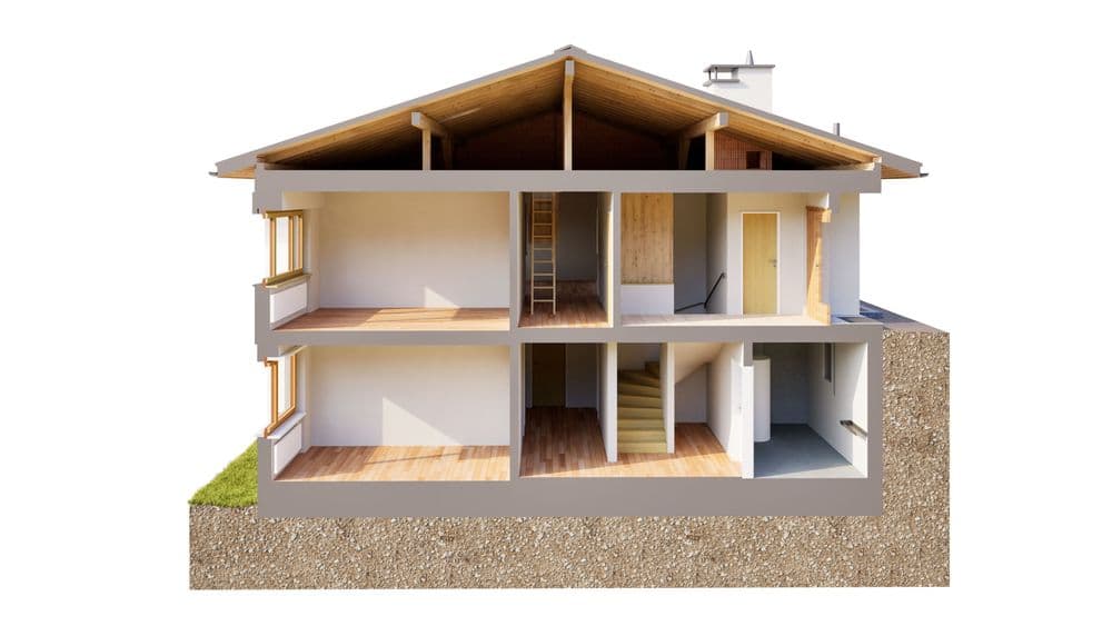 3D-Schnittansicht eines zweistöckigen Einfamilienhauses mit Satteldach, Innenräumen, Treppenhaus und Kellerbereich, architektonische Querschnitt-Visualisierung auf weißem Hintergrund.