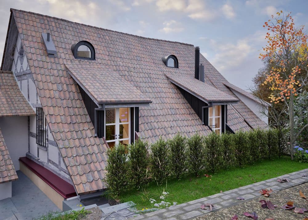 Modernes Haus mit steilem Schrägdach, drei Fenstern und gepflegtem Garten.