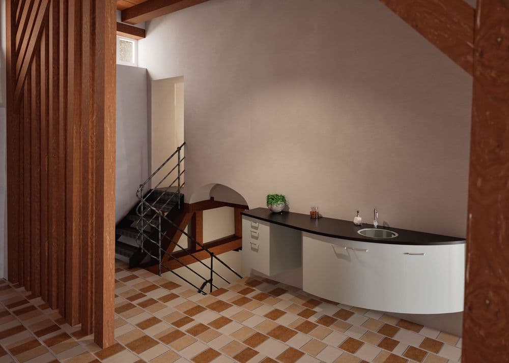 Moderne Innenarchitektur mit Holzakzenten, Treppe und Arbeitsplatte.