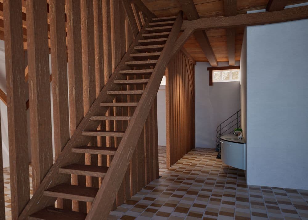 Holztreppe in einem Raum mit weißer Wand, Holzdecke und Kachelboden.