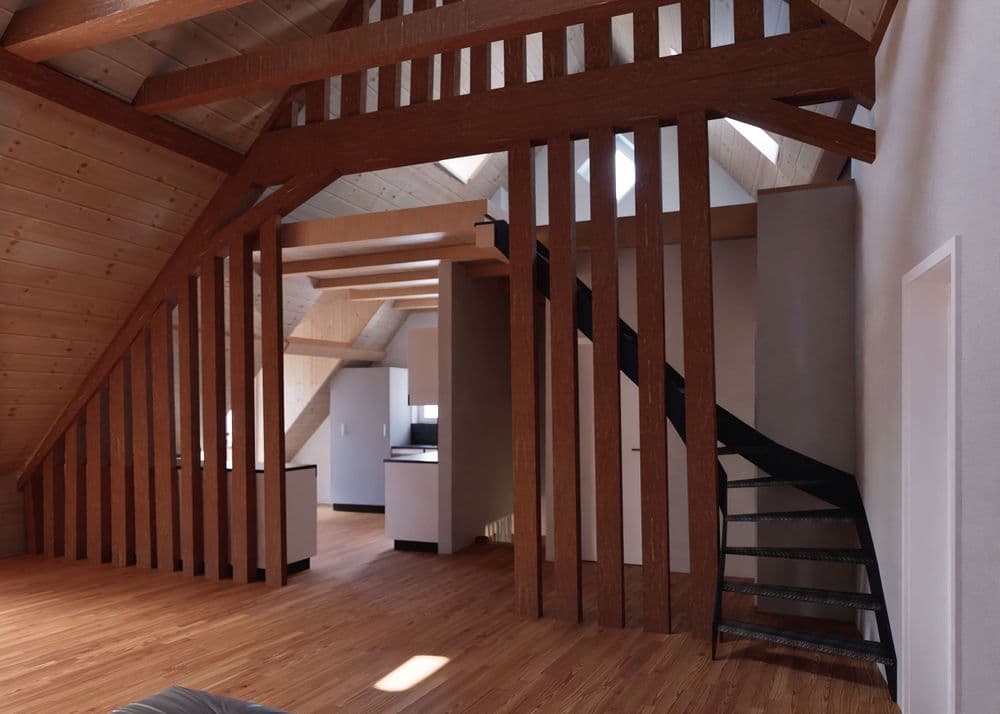 Modernes Loft mit Holzstruktur, offener Raum, Sichtbalken, Treppe und hellem Holzfußboden.