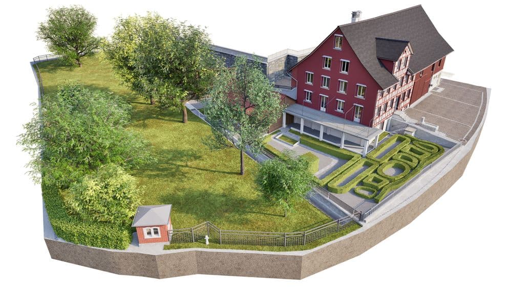 3D-Visualisierung eines roten historischen Gebäudes mit Giebeldach, Vorplatz und geometrischem Garten, umgeben von Grünfläche, Bäumen, Zaun und kleinem Häuschen auf einem abgetrennten Grundstück.