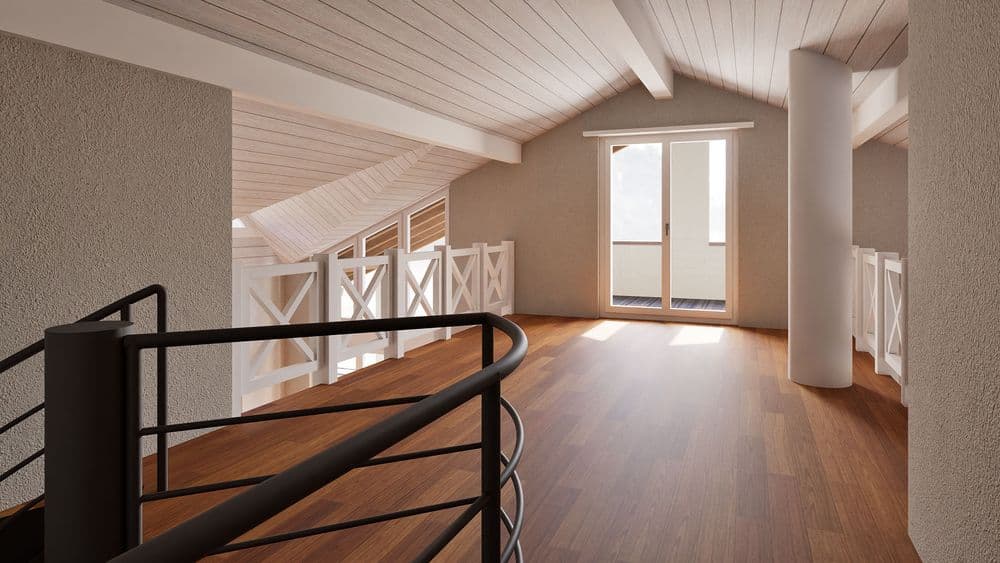 Heller Dachgeschossflur mit Holzfußboden, weißer Holzdecke, Treppengeländer und großem Fenster zur Terrasse; modernes Loft-Interieur mit viel Tageslicht.