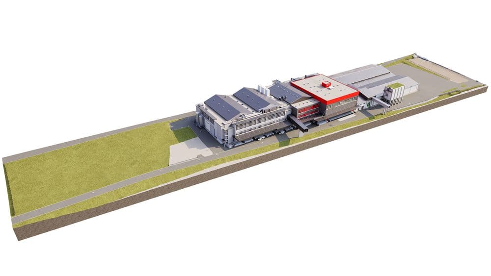 3D-Architekturvisualisierung eines modernen Industrie- und Bürokomplexes mit mehreren Gebäuden, Hallen und Außenflächen auf langem Grundstück, perspektivische Ansicht auf weißem Hintergrund.