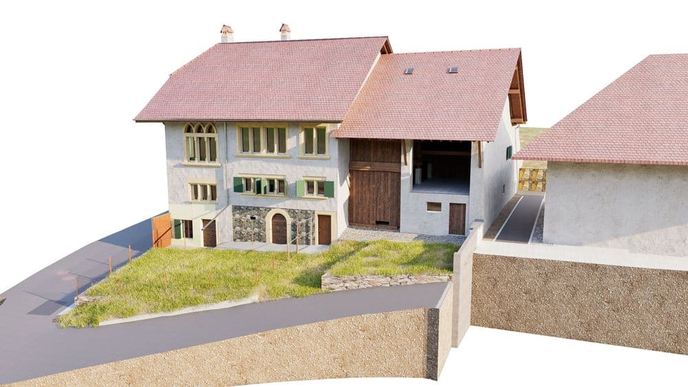 Altes, restauriertes Gebäude mit rotem Ziegeldach und steinernen Elementen, umgeben von Grünflächen und einer Mauer.