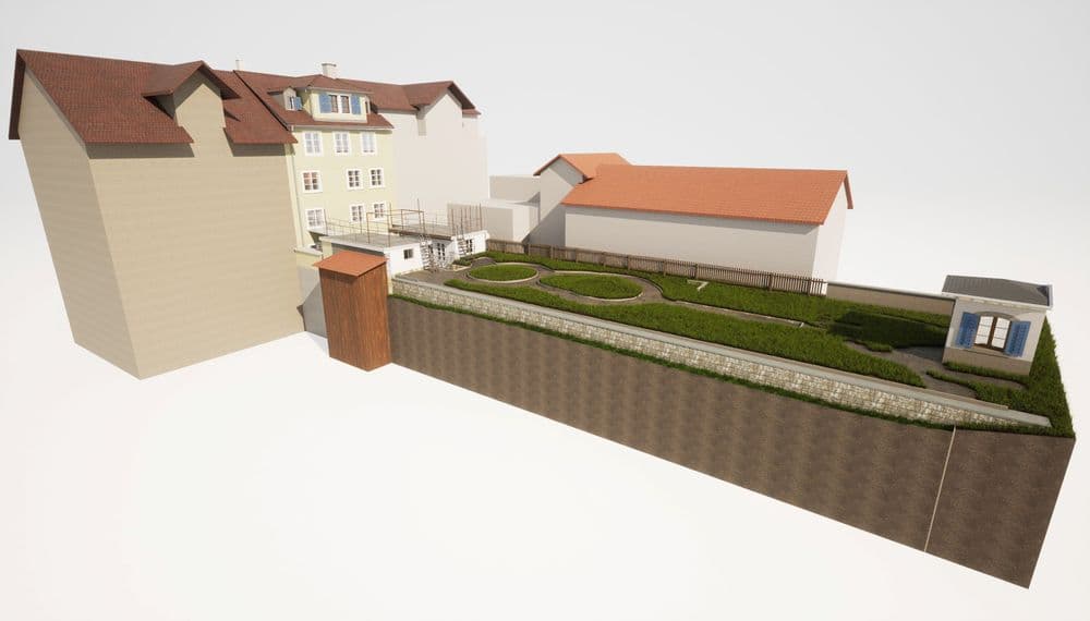 3D-Visualisierung eines historischen Gebäudekomplexes mit Hof und Gartenanlagen.