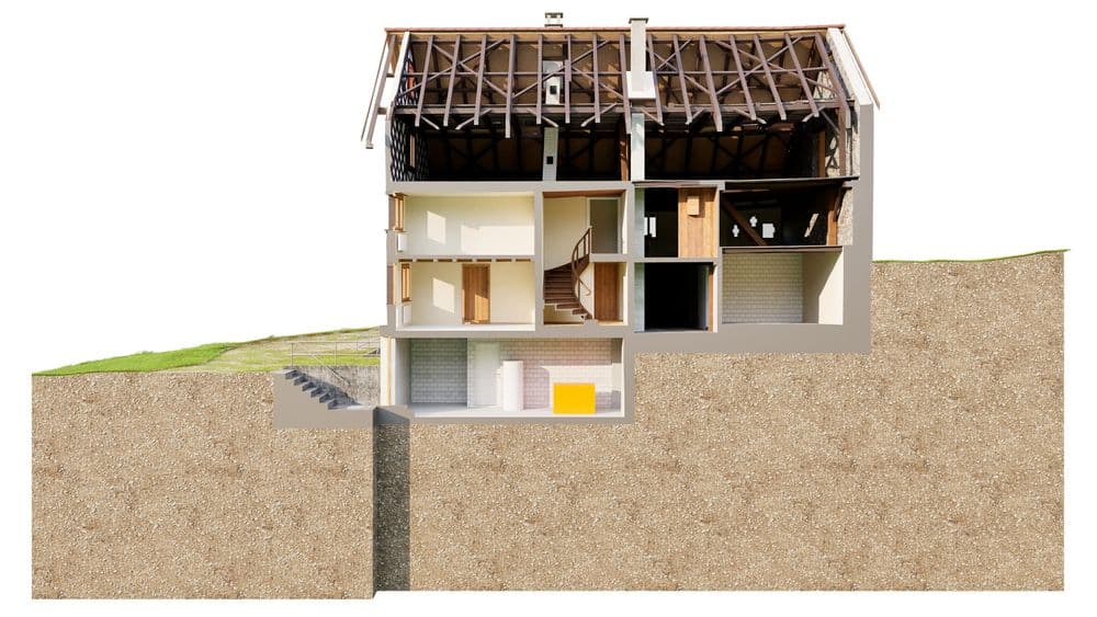 Ein Querschnitt eines mehrstöckigen Hauses mit sichtbarer Dämmung und Glasfasertechnik.