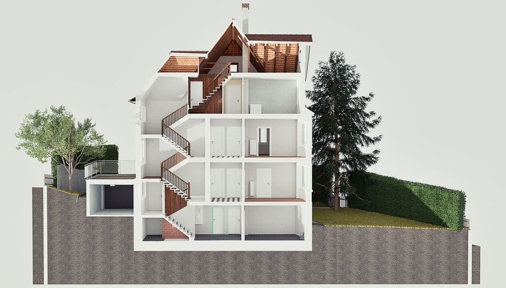 Mehrstöckiges Haus mit Schnittansicht, zeigt Treppen, Zimmer und Dachkonstruktion, umgeben von Bäumen und Hecken.
