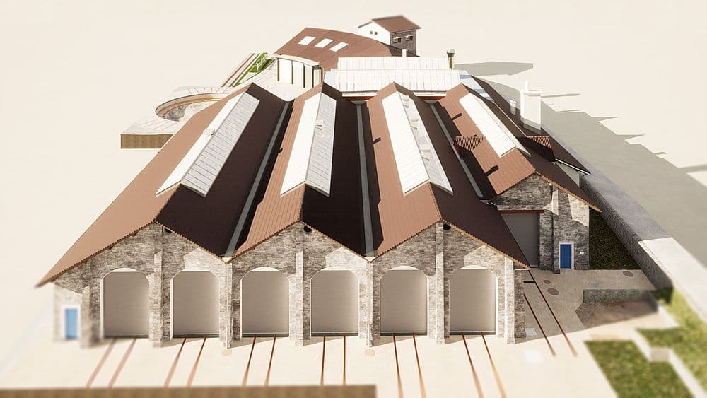 3D-Modell eines modernen Bauernhaus-Komplexes mit mehreren Giebeldächern und Außenbereichen.