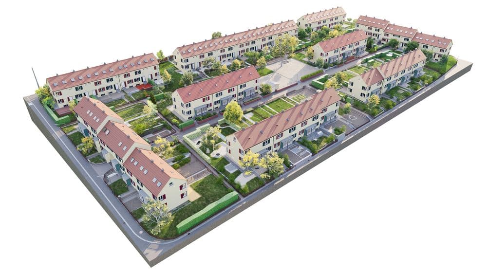 3D-Modell einer Wohnsiedlung mit Reihenhäusern, Gärten und Straßen.