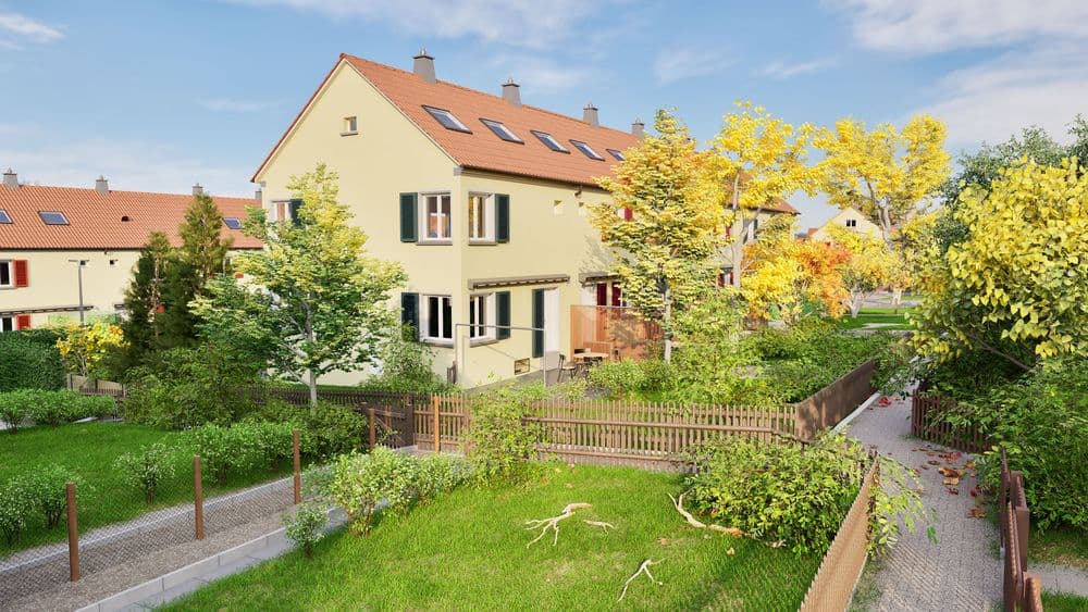 Mehrfamilienhaus in einer grünen Wohnsiedlung mit Gärten und Bäumen im Vordergrund.