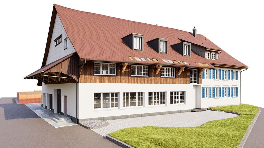 3D-Visualisierung eines modernisierten Landhauses mit rotem Satteldach, weißen Fassaden, Holzverkleidung und großen Fenstern, vorne mit gepflasterter Zufahrt und Grünfläche.