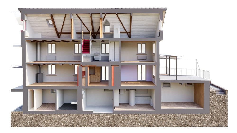 3D-Schnittansicht eines mehrstöckigen Wohnhauses mit Dachstuhl, Treppenhaus und Innenräumen; Architektur-Visualisierung mit Zimmeraufteilung, Fenstern und Keller auf weißem Hintergrund.