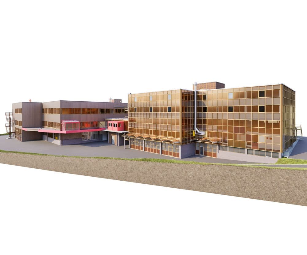 3D-Architekturvisualisierung eines modernen Industrie- oder Bürokomplexes mit Glasfassade, mehreren Gebäudeteilen und überdachtem Eingangsbereich, perspektivische Ansicht auf weißem Hintergrund.