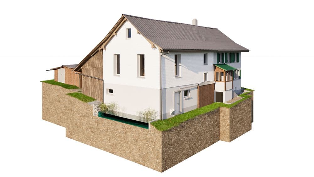 3D-Modell eines Einfamilienhauses mit Garten und Schnittansicht des Erdreichs.