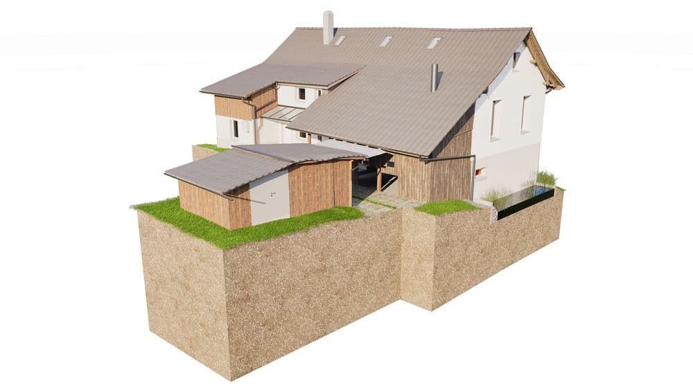 3D-Modell eines Einfamilienhauses mit Querschnittsansicht des Untergrunds.
