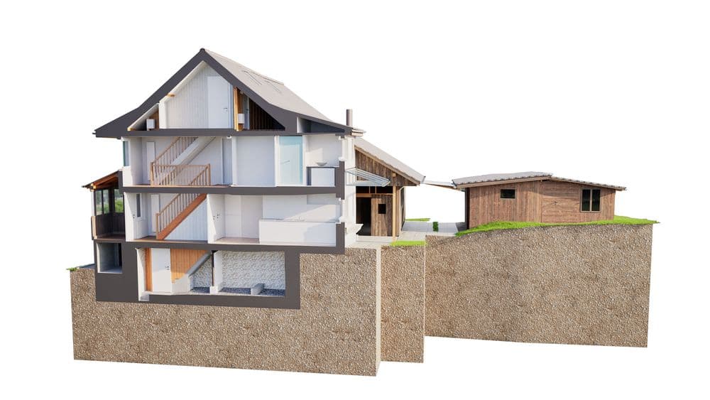 Querschnitt-Ansicht eines modernen Einfamilienhauses mit mehreren Etagen und einer Garage.