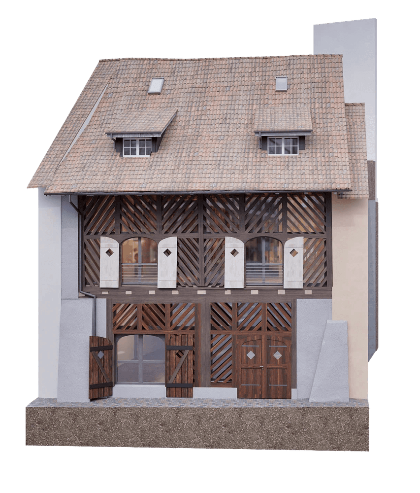 Altes Fachwerkhaus mit Holztoren und Fenstern, Satteldach und hellem Putz.