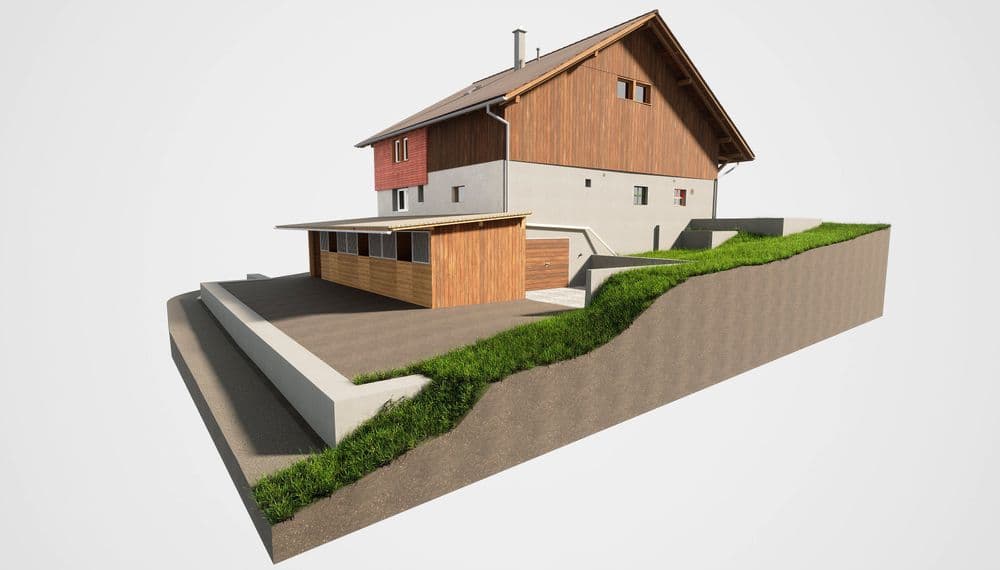 Modernes Einfamilienhaus mit Holzfassade auf einem grünen Hang.