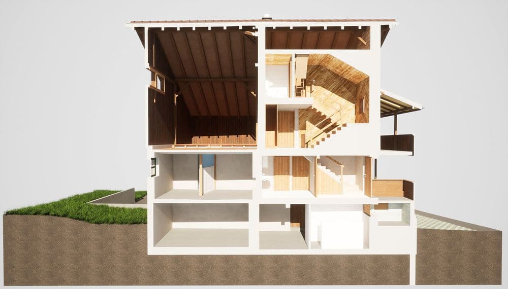 Querschnitt eines modernen Holzhauses mit mehreren Etagen und Details der Raumaufteilung, sichtbar auf einem Erdmodell mit Begrünung.