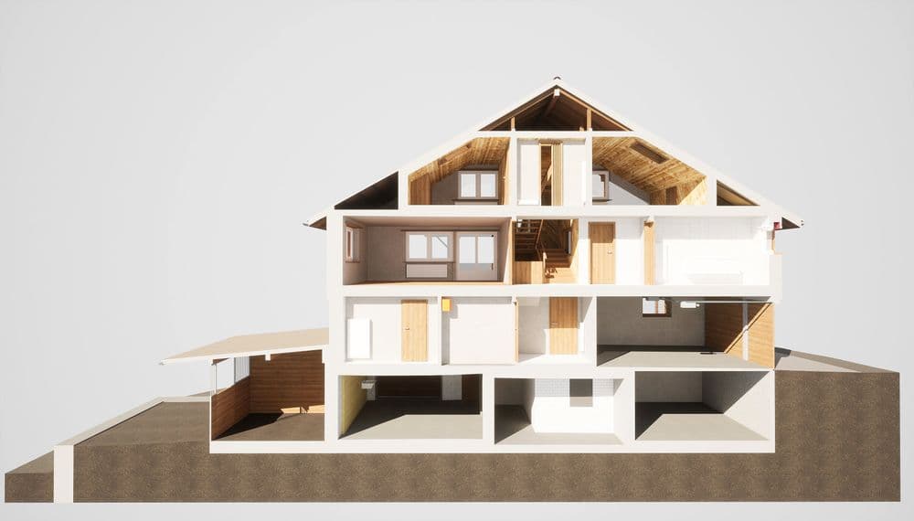 Querschnitt eines dreistöckigen Hauses mit sichtbarer Innenaufteilung und Räumen. Ideal für Architektur-SEO und Barrierefreiheit.
