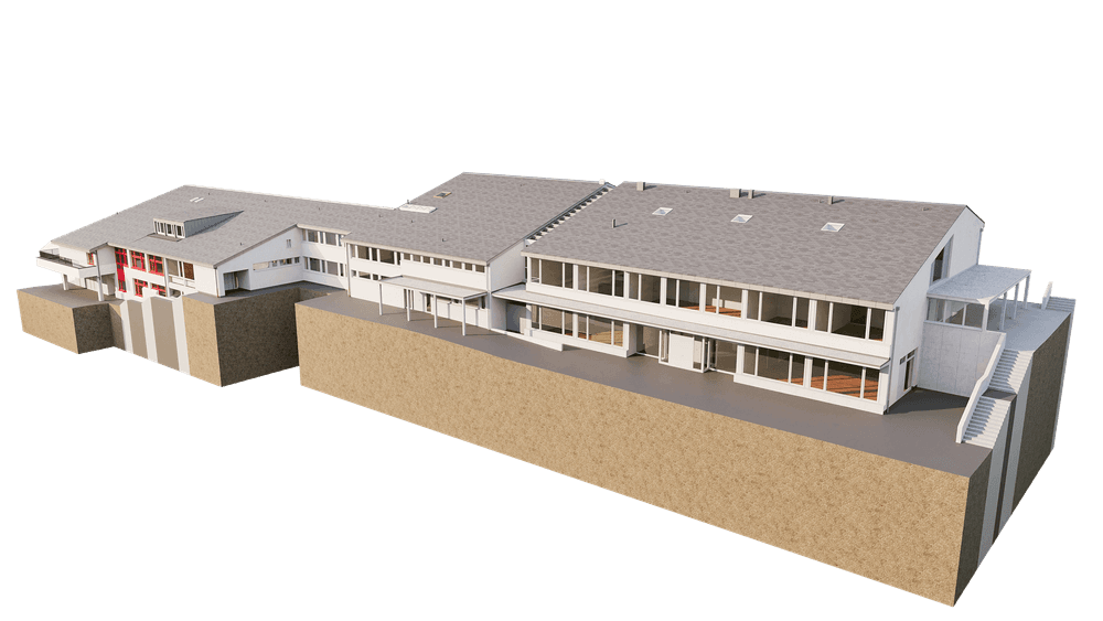 3D-Rendering eines modernen, zweigeschossigen Gebäudekomplexes mit Flachdach und Terrasse auf erhöhter Plattform, Isometrieansicht, Architekturvisualisierung.