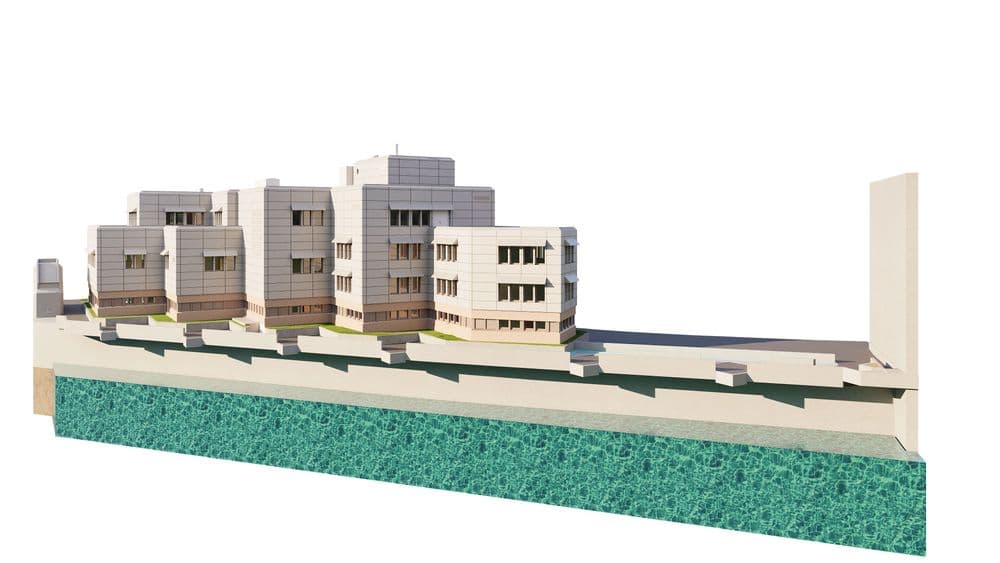 3D-Modell eines modernen, mehrstöckigen Gebäudekomplexes mit Flachdächern und Balkonen, isoliert auf weißem Hintergrund.