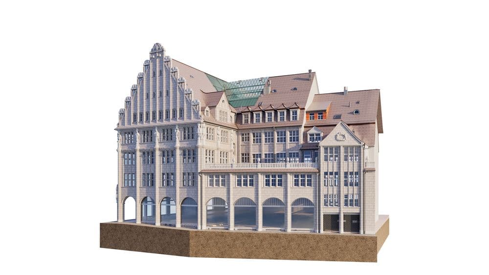Entwurf eines traditionellen Gebäudes mit Giebel, mehreren Etagen und Arkaden.