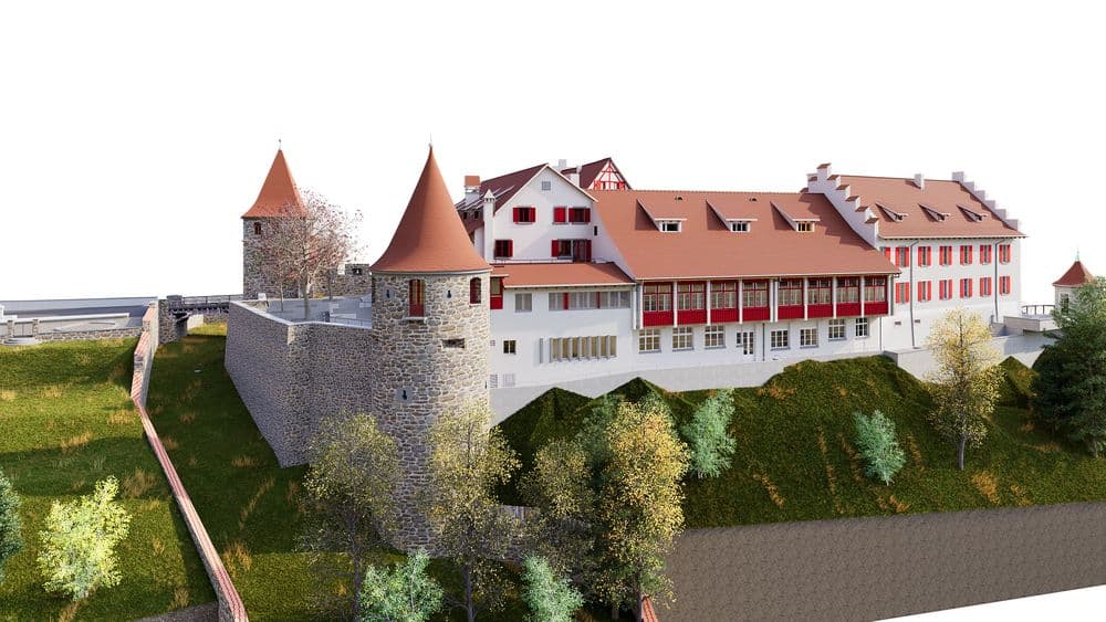 3D-Visualisierung einer historischen Burganlage mit Steinmauern, roten Spitzdächern und weiß-roten Gebäuden auf einem Hügel, umgeben von Bäumen und Grünflächen.
