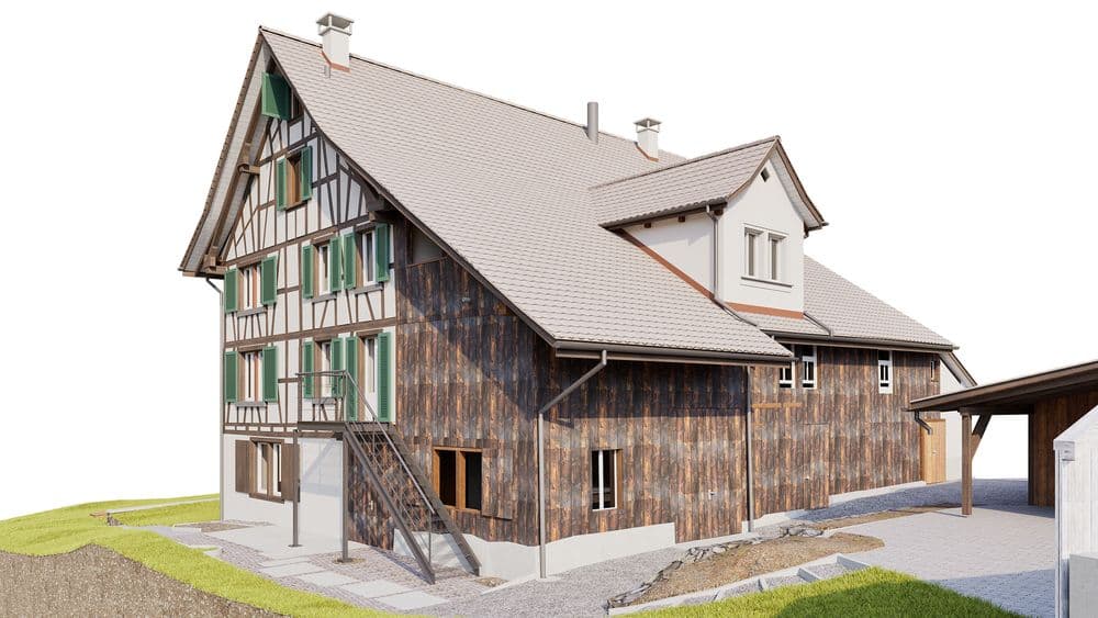 3D-Visualisierung eines traditionellen Fachwerkhauses mit Holzfassade, Satteldach und grünen Fensterläden, Außenaufgang und angebautem Carport, freigestellt vor weißem Hintergrund.