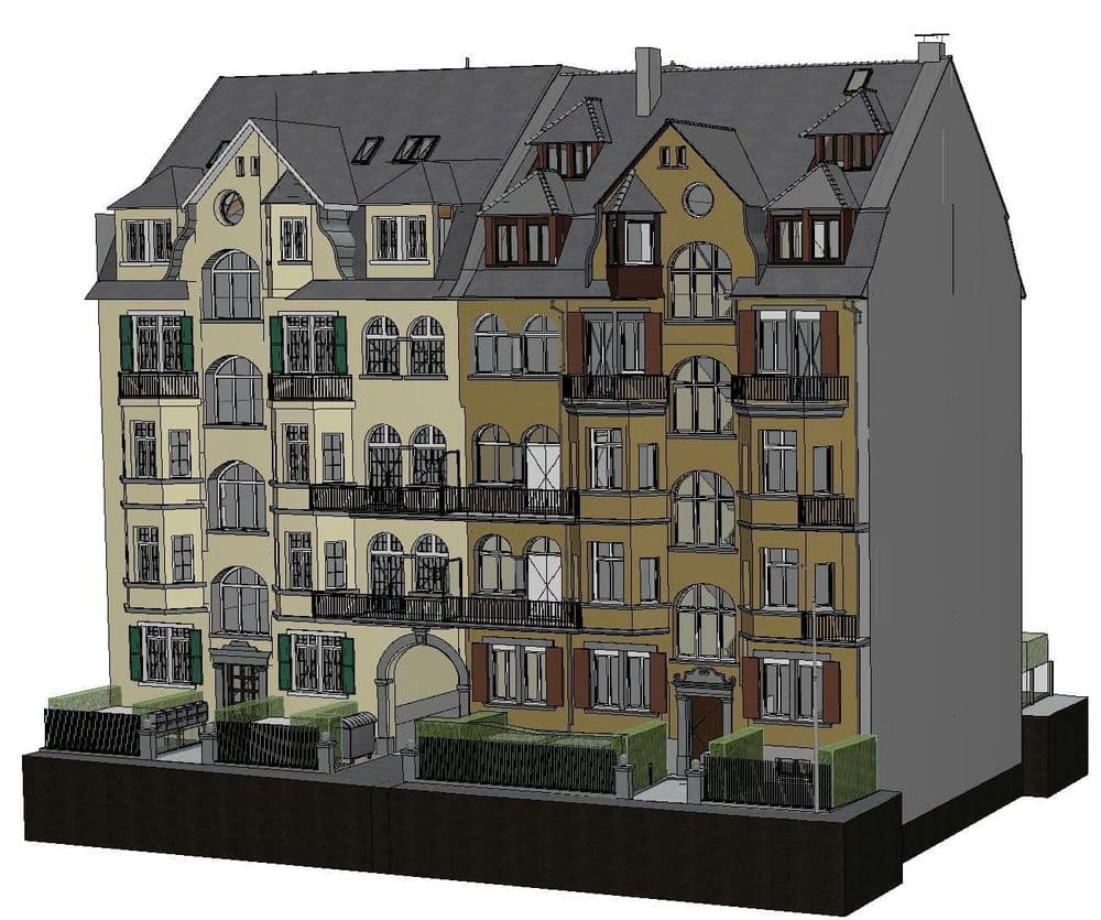 3D-Architekturvisualisierung eines mehrstöckigen Altbau-Wohnhauses mit Mansarddach, Erkern, Balkonen und großen Fenstern, perspektivische Ansicht der Fassade in Beige- und Ockertönen.