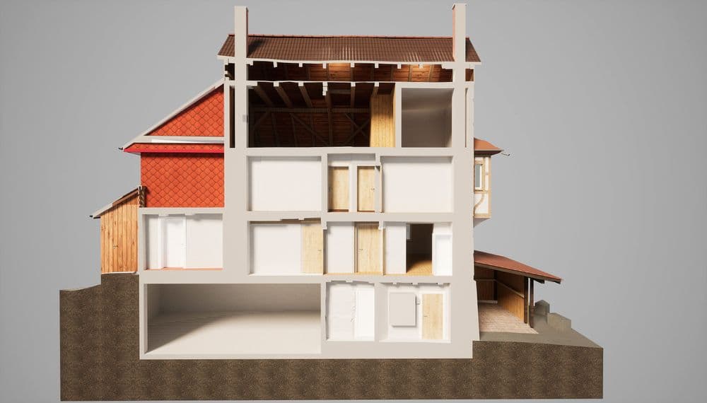 3D-Schnittmodell eines mehrstöckigen Hauses, visualisiert die Innenstruktur.