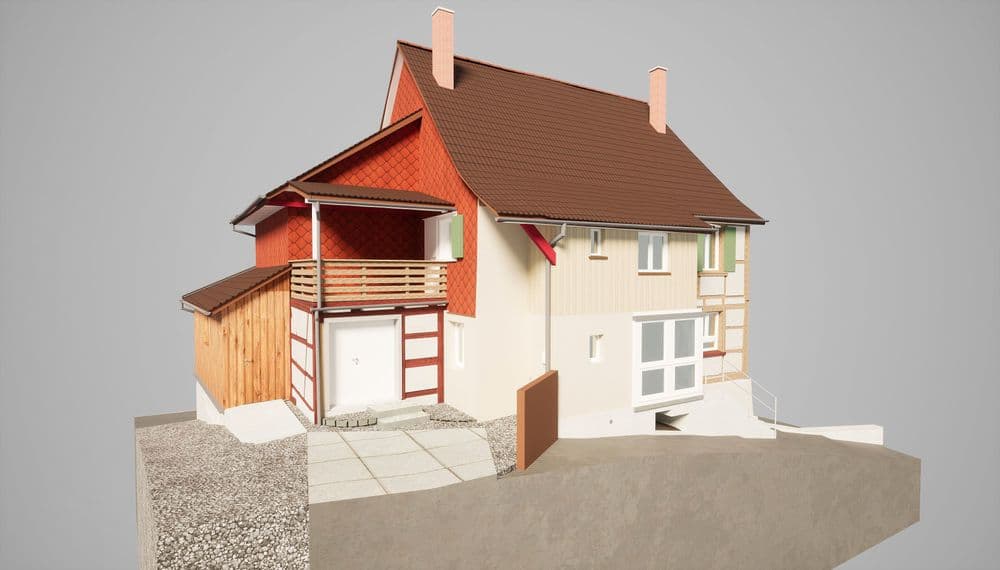 3D-Modell eines Einfamilienhauses mit rotem Dach und Balkon, isoliert auf weißem Hintergrund.