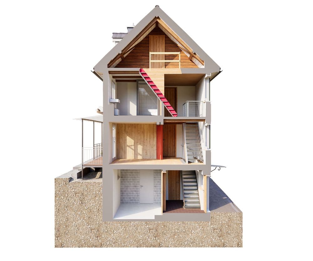 3D-Schnittansicht eines modernen Einfamilienhauses mit Satteldach, mehreren Etagen und Treppen, zeigt Innenräume, Dachstuhl und Keller in architektonischer Darstellung auf weißem Hintergrund.