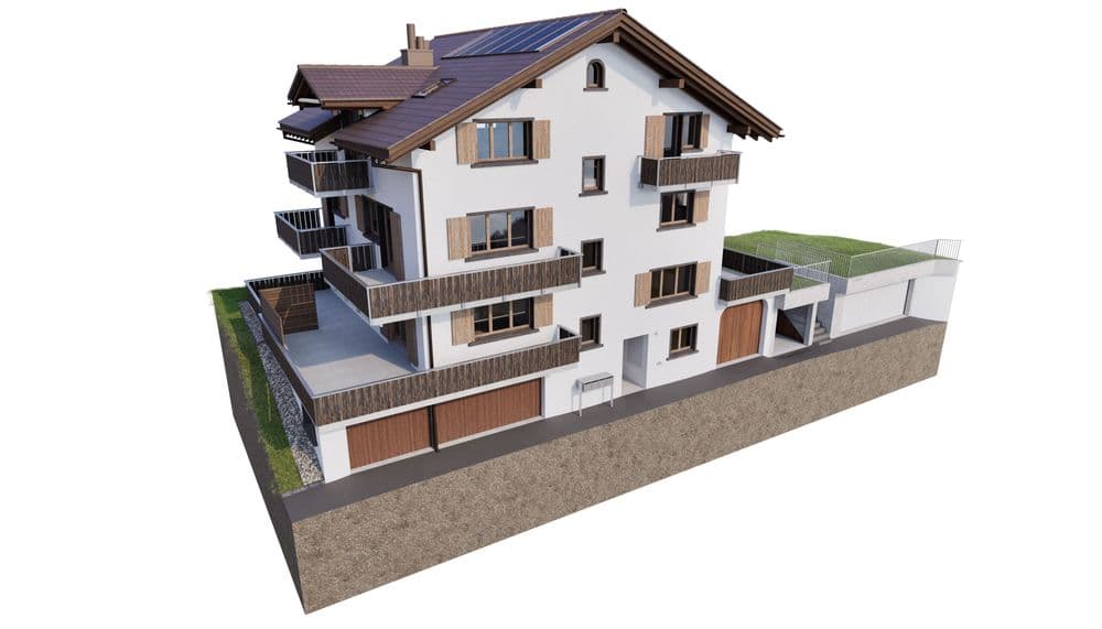 Mehrfamilienhaus mit Balkonen, Garagen und Solarpanelen auf dem Dach, umgeben von Grünflächen.