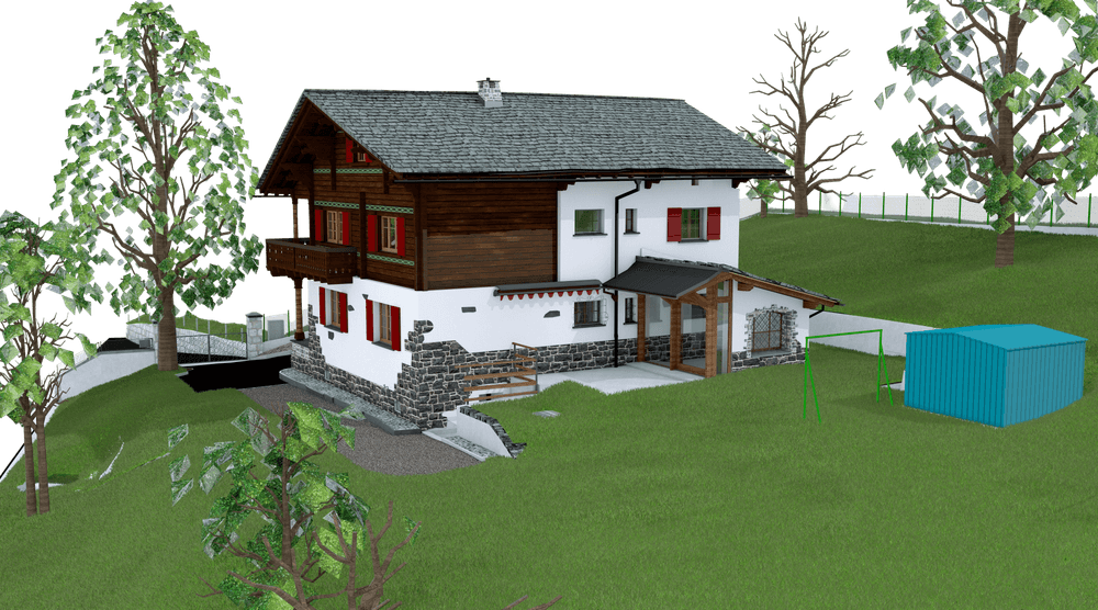 Alpenhaus mit Holzbalkon, umgeben von Wiese und Bäumen, daneben eine blaue Hütte.