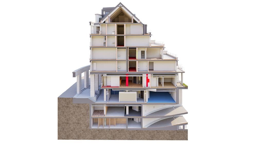 Querschnitt eines mehrstöckigen Wohngebäudes, zeigt Innenaufbau, Räume und Architekturdetails.